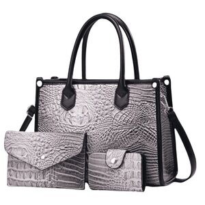 Charcoal Gray Crocodile Pattern Medium Handbag Set w Crossbody Strap PU Leather